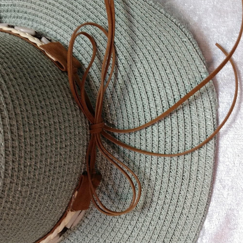 Unisex Woven Western Straw Beach Sun Hat Cowrie Cowry Shells Tassels Sage Green - Picture 8 of 15